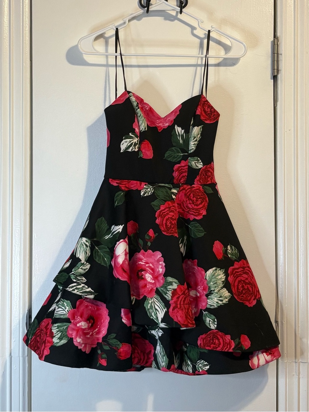 Strapless Black Floral Rose Dress | Red & Pink Floral Fit & Flare Dress